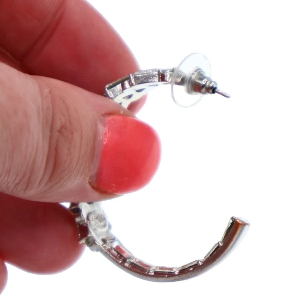 Kenneth Jay Lane Rhodium Crystal Front Hoop Earrings Silver Post Back - Picture 3 of 4